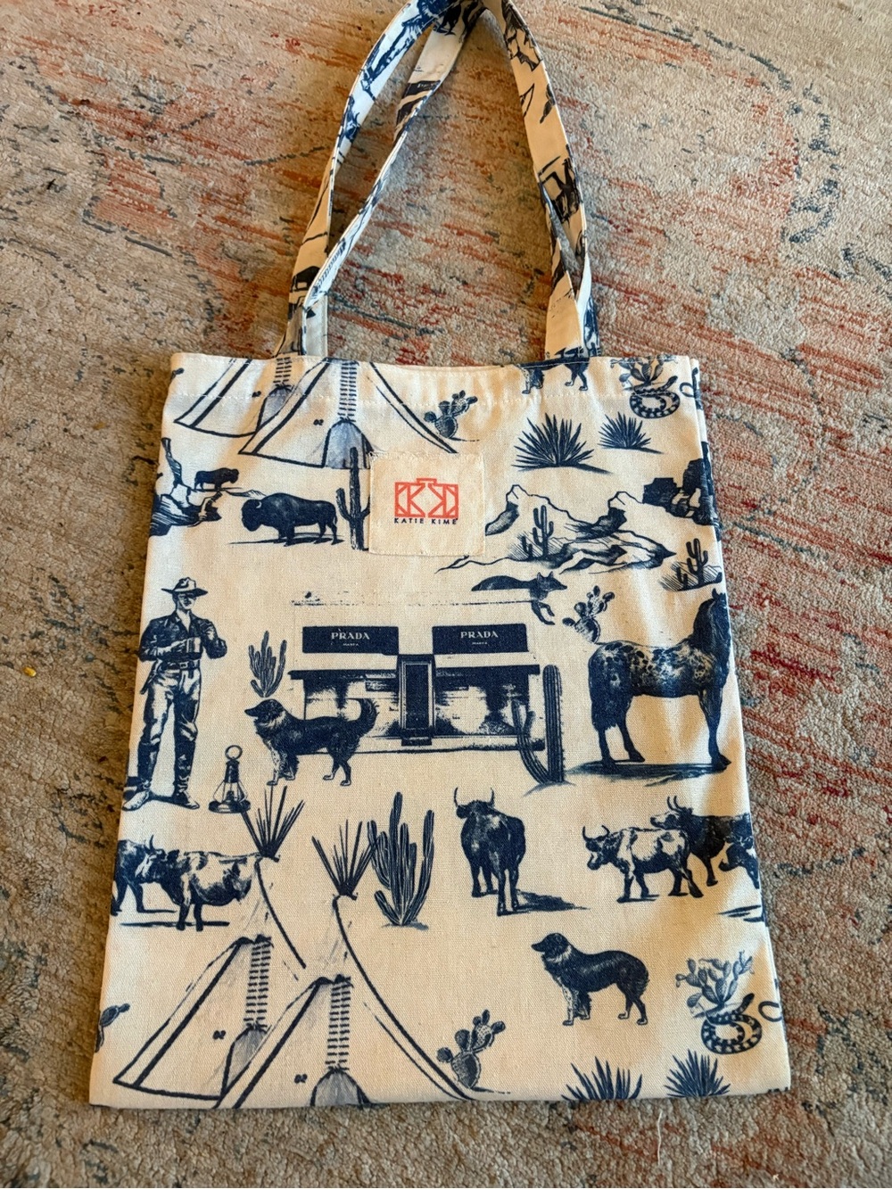 Katie Kime Blue & Cream Western Canvas Tote with Wildlife Motif